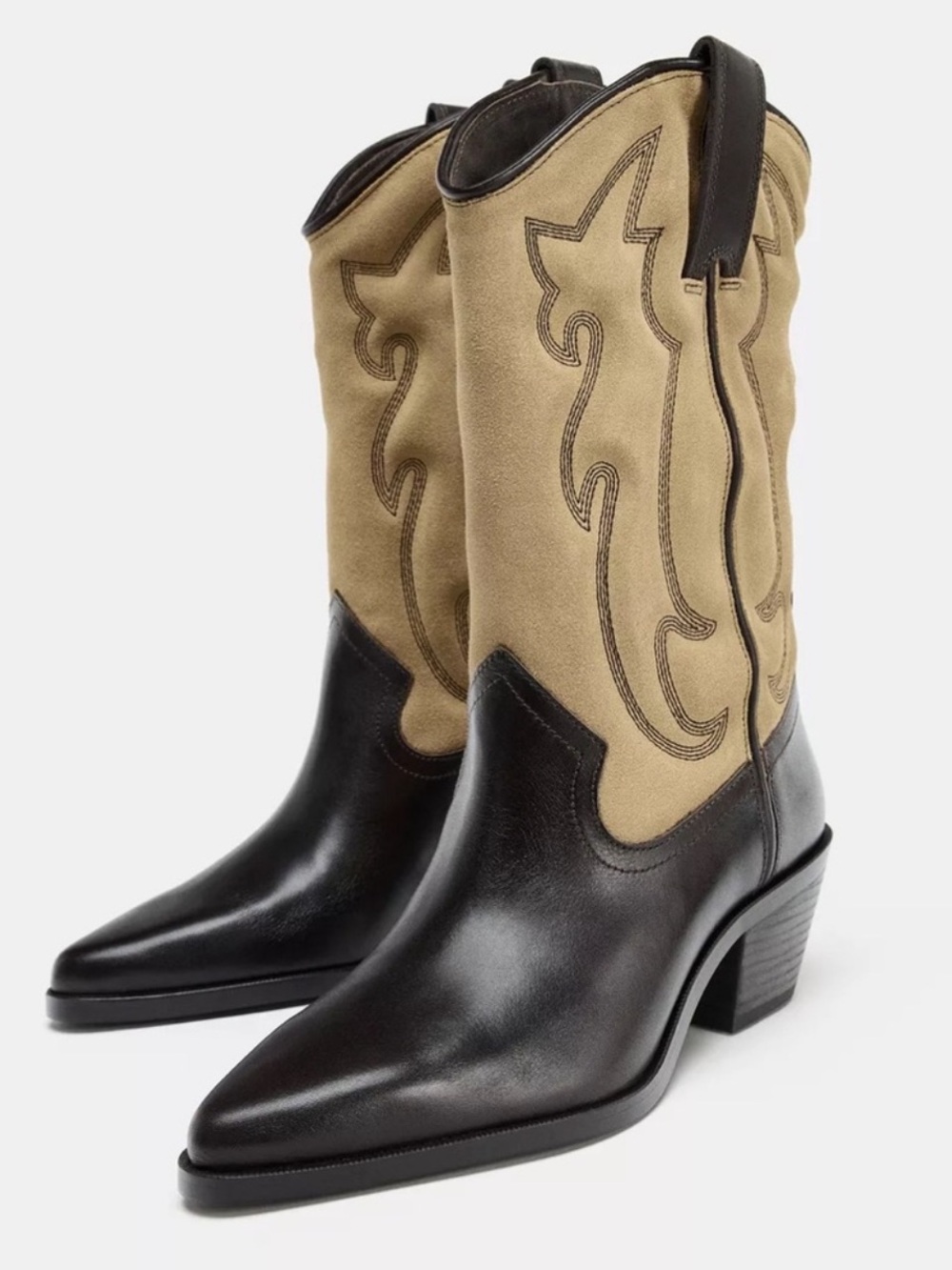 ZARA EMBROIDERED COMBINED 100% SUEDE LEATHER COWBOY BOOTS NWT 10
